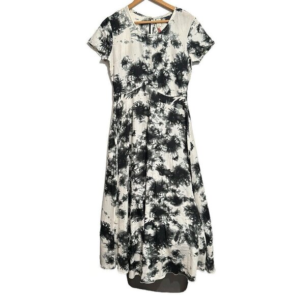 RAGA White Black Boho Tie Dye A Line Midi Dress Size XS Hippie Satin Lightweight - Picture 2 of 8